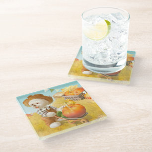 Cute Farmer Dog with Pumpkin Glass Coaster