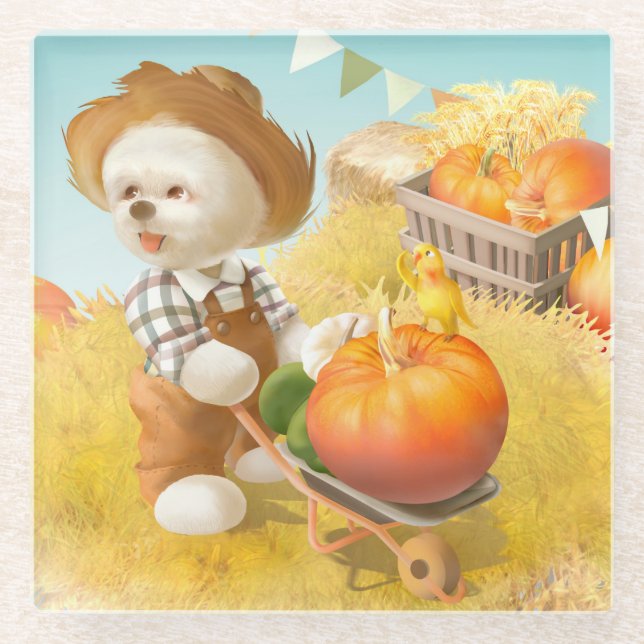Cute Farmer Dog with Pumpkin Glass Coaster (Front)
