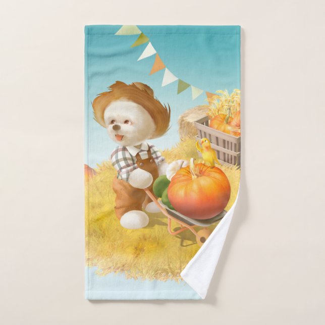 Cute Farmer Dog with Pumpkin Hand Towel (Hand Towel)