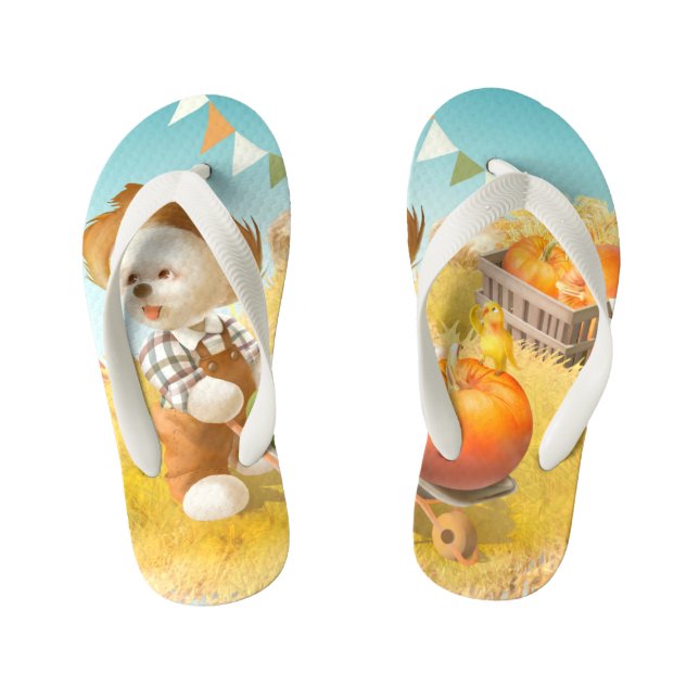 Cute Farmer Dog with Pumpkin Kid's Flip Flops (Footbed)