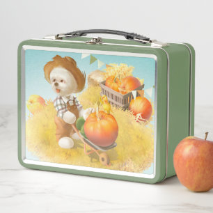 Cute Farmer Dog with Pumpkin Metal Lunch Box