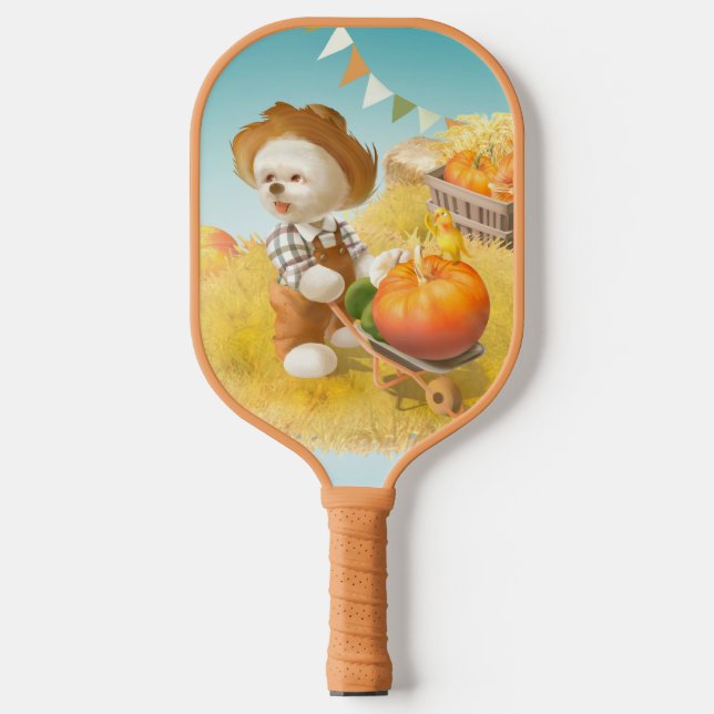 Cute Farmer Dog with Pumpkin Pickleball Paddle (Front)