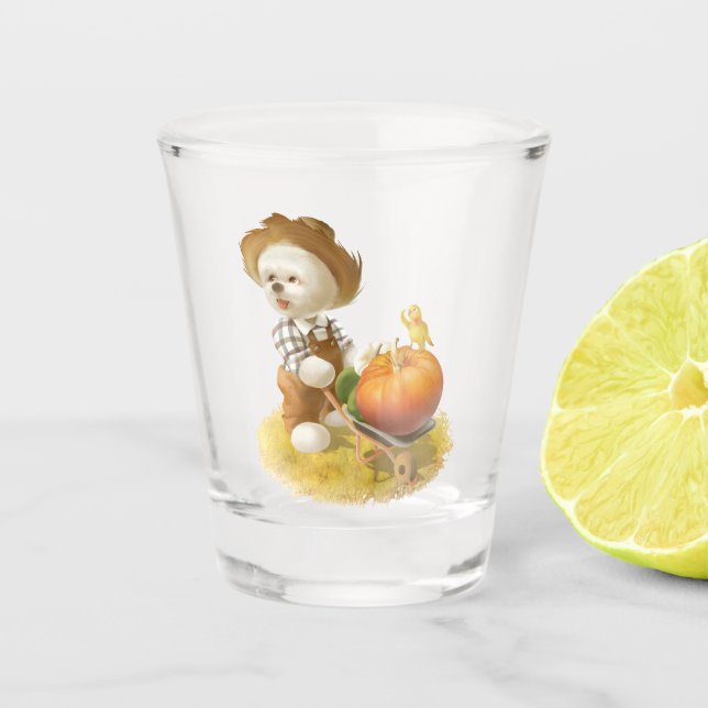 Cute Farmer Dog with Pumpkin Shot Glass (Front)