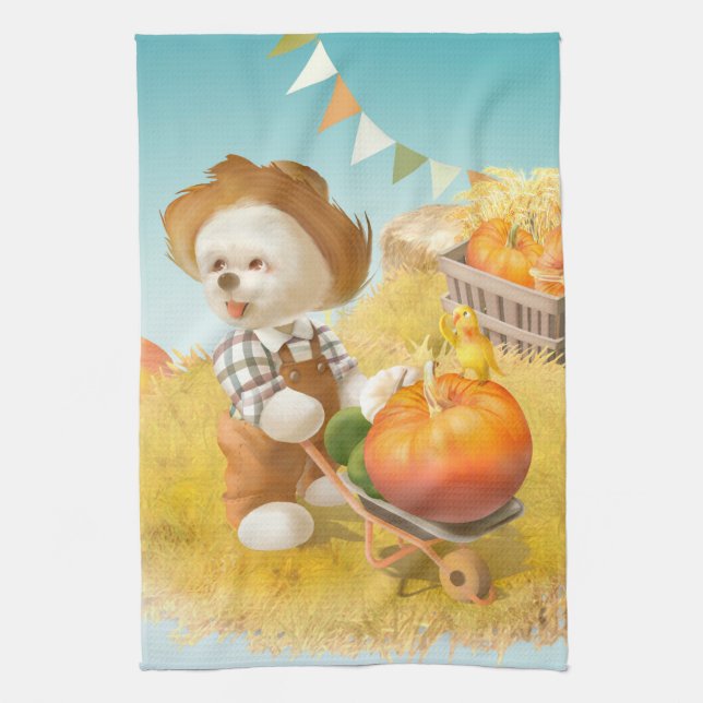 Cute Farmer Dog with Pumpkin Tea Towel (Vertical)