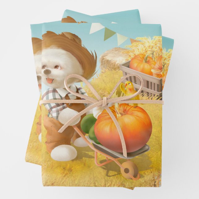 Cute Farmer Dog with Pumpkin Wrapping Paper Sheet (In situ)