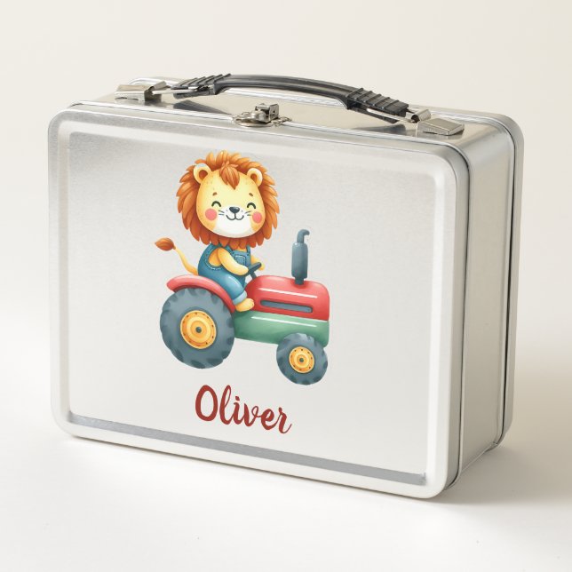 Cute Farmer Lion on a Red and Green Tractor Metal Lunch Box (Front)