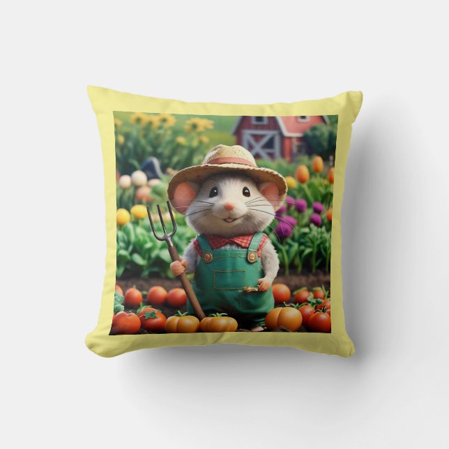 Cute Farmer Mouse in his Garden Throw Pillow (Front)