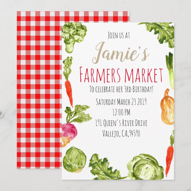 Cute farmers market birthday party invitation (Front/Back)