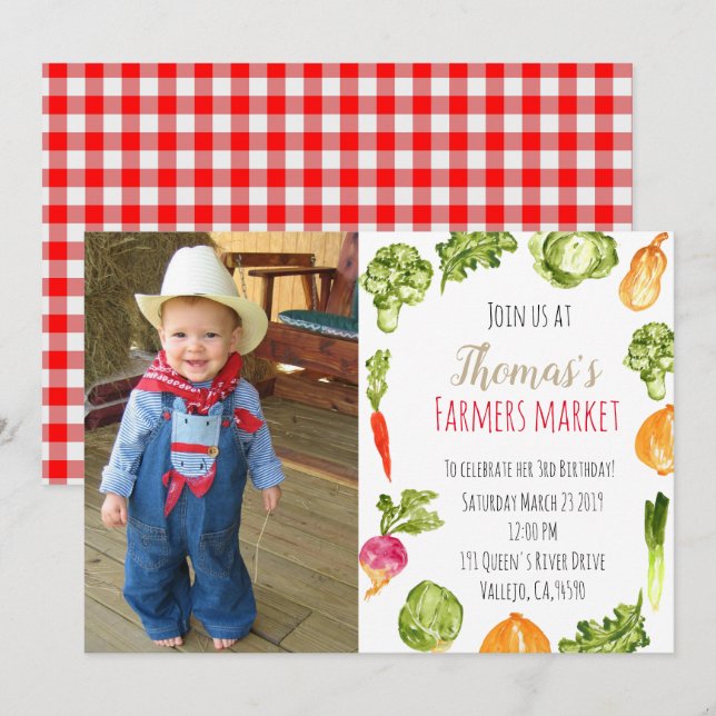 Cute farmers market birthday photo invite (Front/Back)