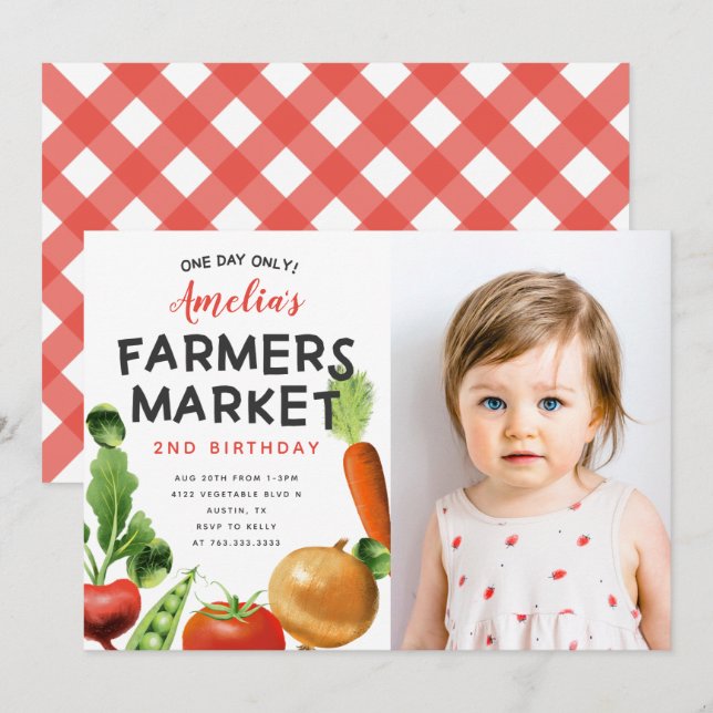 Cute Farmers Market Vegetable Birthday Party Photo Invitation (Front/Back)