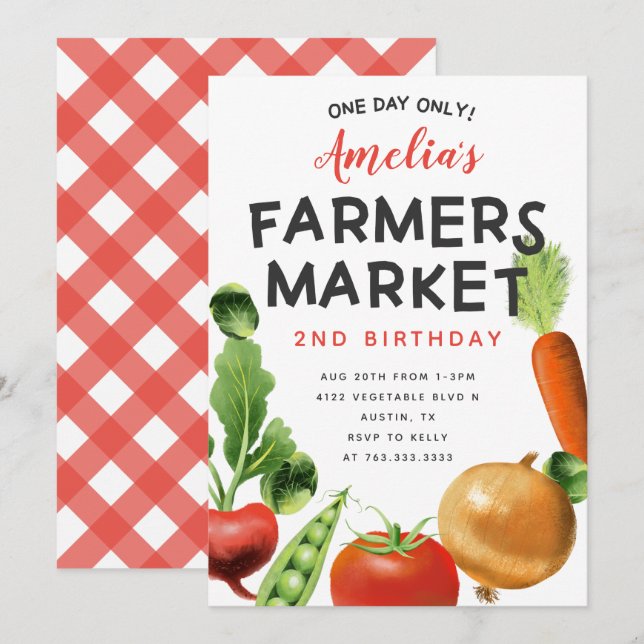 Cute Farmers Market Vegetables Birthday Party Invitation (Front/Back)