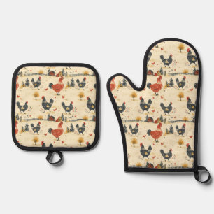 Cute Farmhouse Chickens Oven Mitt & Pot Holder Set