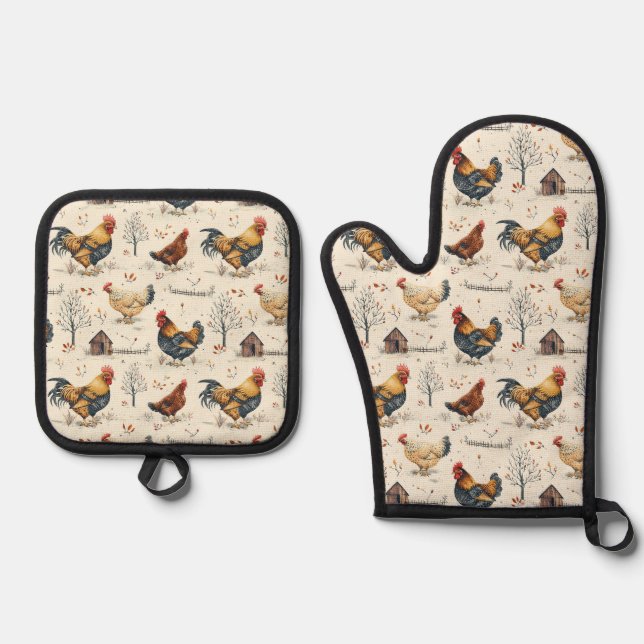 Cute Farmhouse Chickens Oven Mitt & Pot Holder Set (Front)