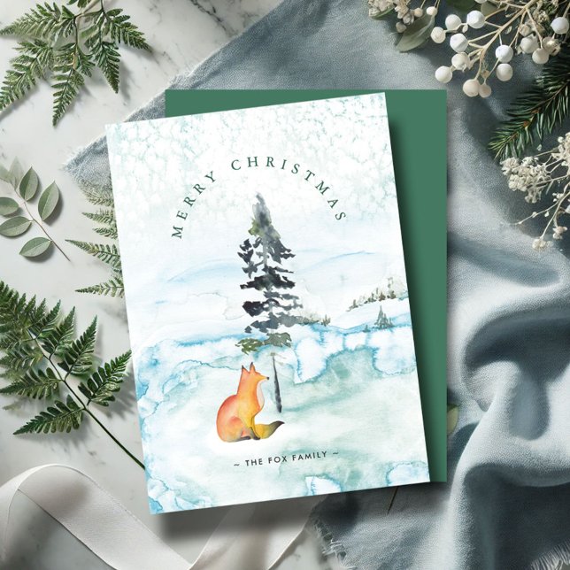 Cute Farmhouse Christmas Cards (Christmas cards watercolor fox and pine tree winter scene by Victoria Grigaliunas Do Tell A Belle)