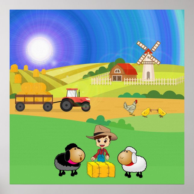 Cute Farmhouse, Sheep, and Chicks Poster (Front)