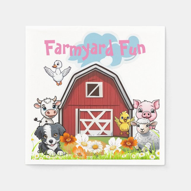 Cute Farmyard Fun Animals Country Barn & Daisies Napkin (Front)