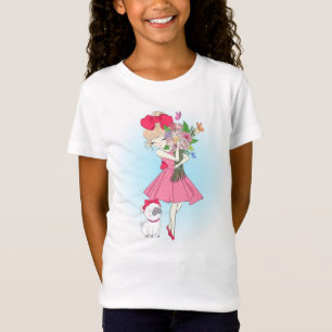 Cute Fashion Girl with Pug and Flowers T-Shirt
