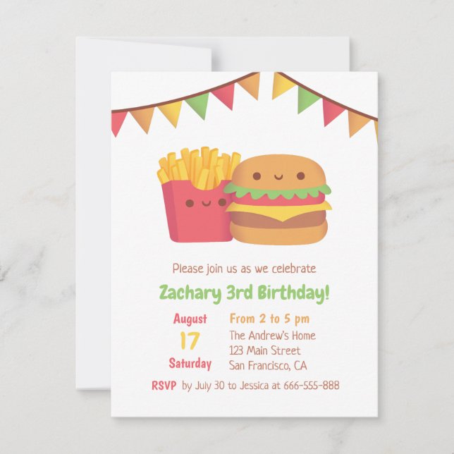 Cute Fast Food Fries and Burger Birthday Party Invitation (Front)