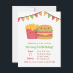 Cute Fast Food Fries and Burger Birthday Party Invitation<br><div class="desc">A kids birthday party invitation with a cute illustration of a red packet of French fries and a burger with colourful bunting flags. Personalise easily with your party details in the colourful text templates provided!</div>