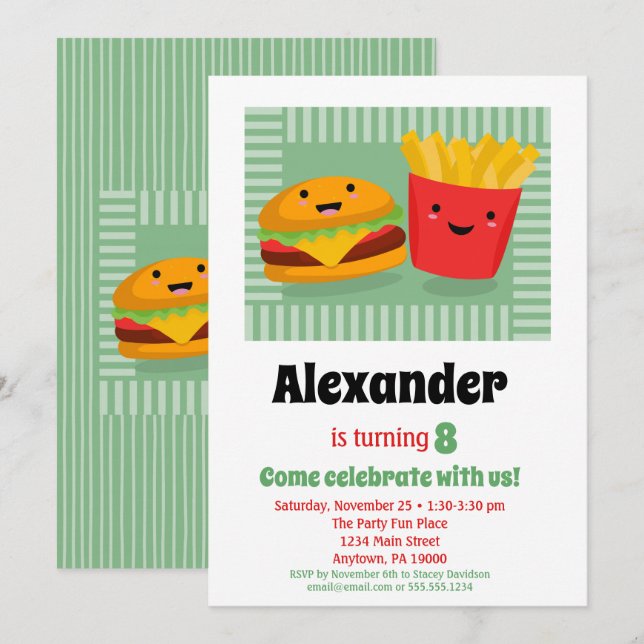 Cute Fast Food Hamburger Fries Birthday Invitation (Front/Back)