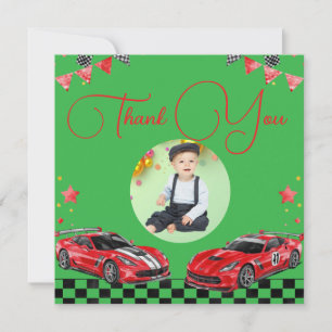 Cute Fast One Red and Black Race Car 1st Birthday Thank You Card