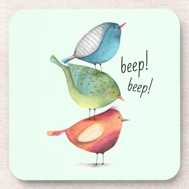 Cute Fat Birds Standing on Each Other Coaster (Front)