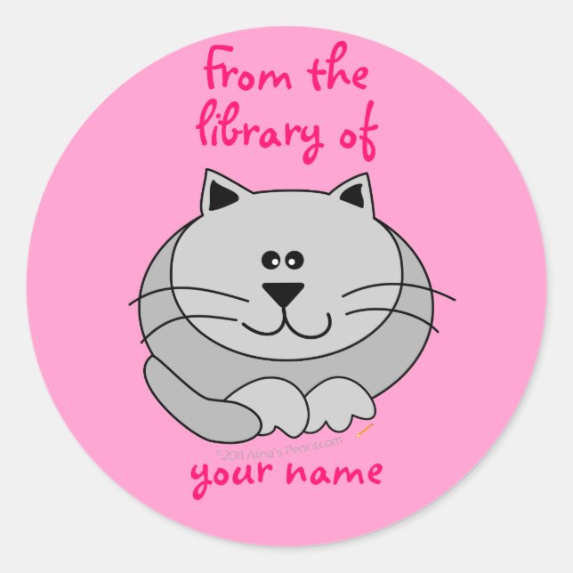 Cute Fat Cat Pink Personalised Kids Bookplates Classic Round Sticker (Front)