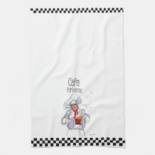 Cute Fat French Chef Caricature Black White Checks Tea Towel