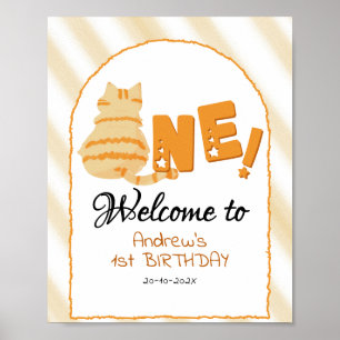 Cute Fat Orange Cat 1st Birthday Welcome Sign