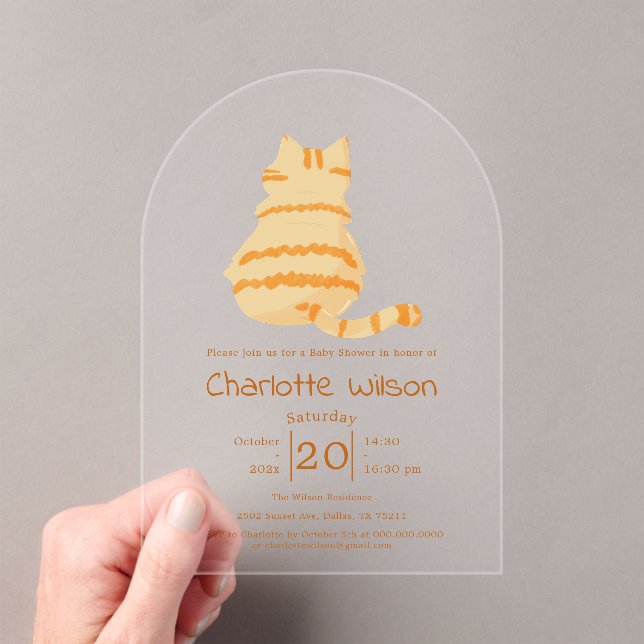 Cute Fat Orange Cat Baby Shower Acrylic Invitation (Insitu (Handheld))