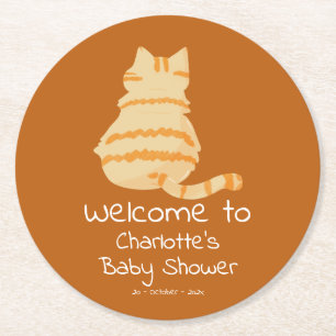 Cute Fat Orange Cat Baby Shower Round Paper Coaster