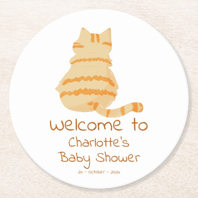 Cute Fat Orange Cat Baby Shower Round Paper Coaster (Front)