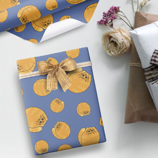 Cute Fat Orange Cat Pattern Blue Wrapping Paper