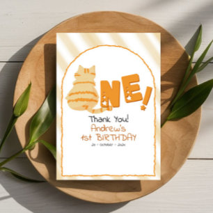 Cute Fat Orange Cat Stripes 1st Birthday Thank You Card