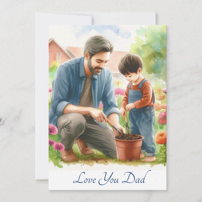 Cute Father And Son Gardening Together Watercolor Holiday Card (Front)