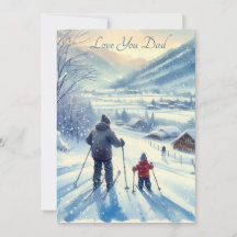 Cute Father and Son Skiing Together Watercolor