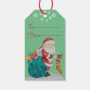 Cute father christmas with toys and gifts in sack gift tags