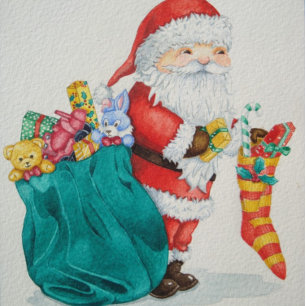 Cute father christmas with toys and gifts in sack holiday card