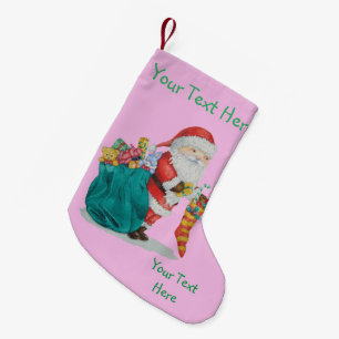 Cute father christmas with toys and gifts in sack small christmas stocking