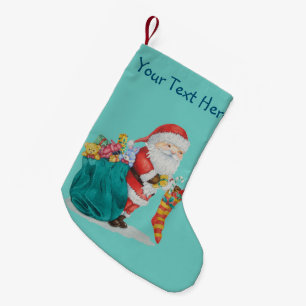 Cute father christmas with toys and gifts in sack small christmas stocking