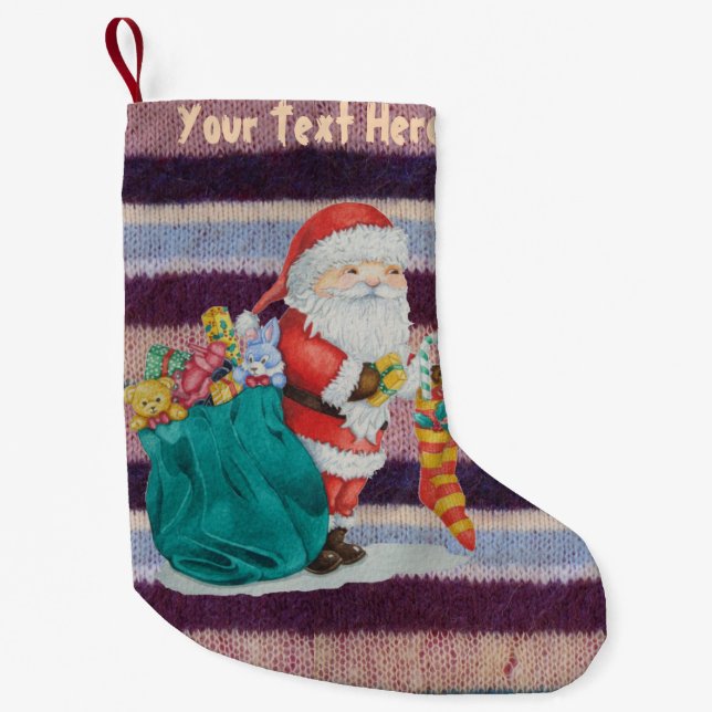 Cute father christmas wrapping pressies knitted small christmas stocking (Front)