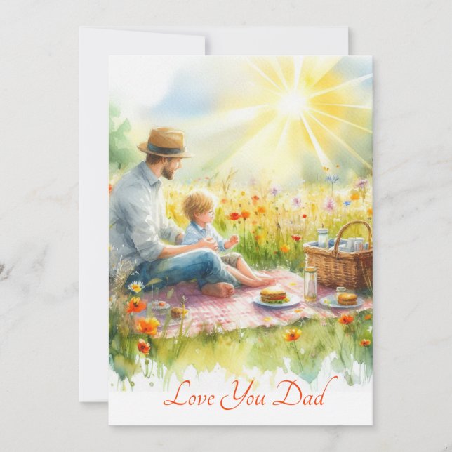 Cute Father & Son Having A Picnic Watercolor Holiday Card (Front)