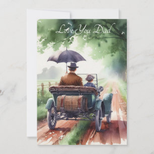 Cute Father & Son Riding A Classic Car Watercolor Holiday Card