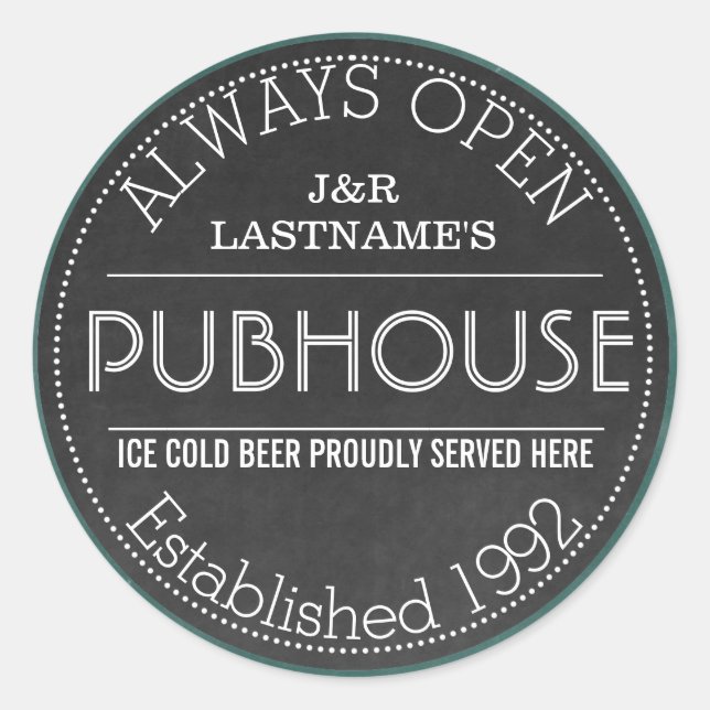 Cute Faux Chalkboard Personalised Couple Pub Sign Classic Round Sticker (Front)