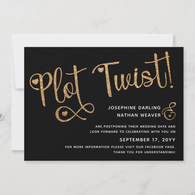 Cute Faux Gold Black Plot Twist Postponed Wedding Save The Date (Front)