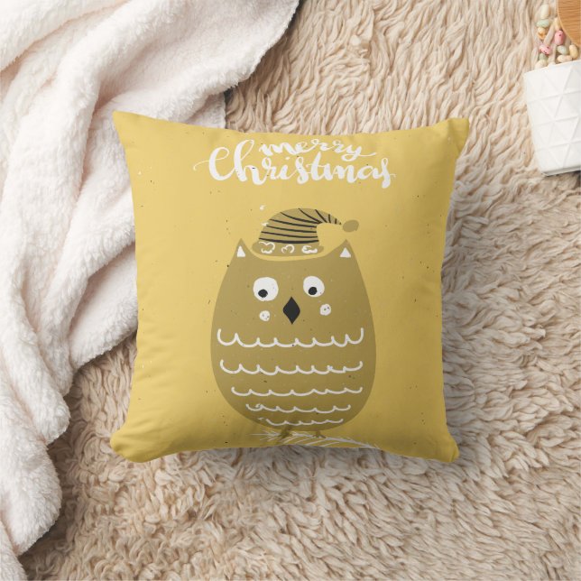 Cute Faux Gold Christmas Owl Cushion (Blanket)