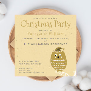 Cute Faux Gold Owl Christmas Party Invitation