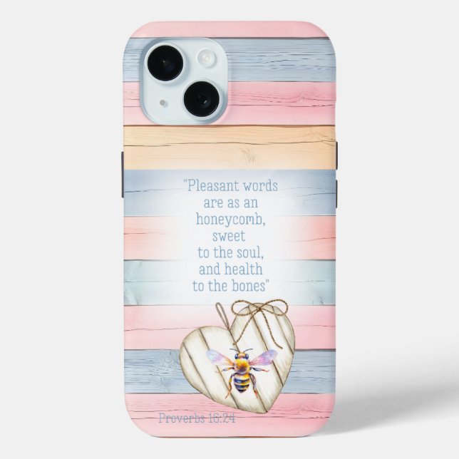 Cute Faux Pastel Wood Heart Bee Scripture Case-Mate iPhone Case (Back)
