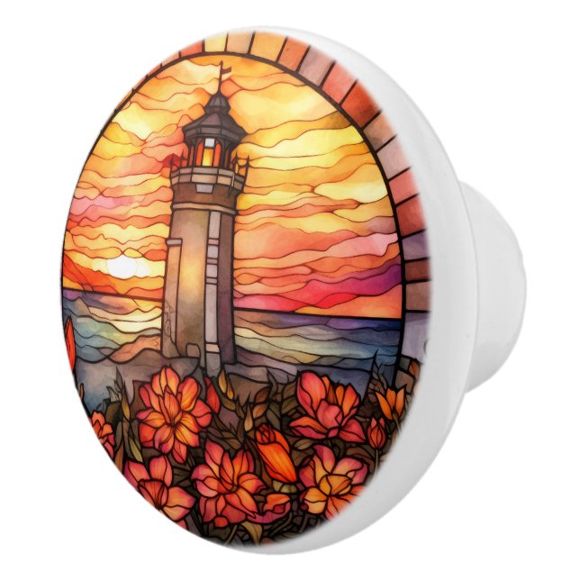 Cute faux stained glass lighthouse ceramic knob (Right)