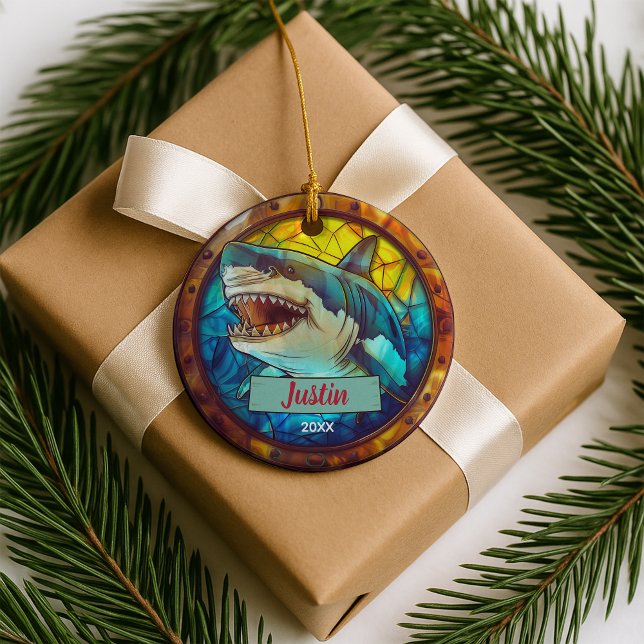 Cute faux stained glass shark christmas keepsake ceramic tree decoration (Creator Uploaded)